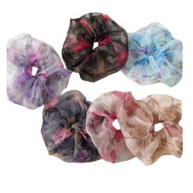 6 Pcs Large Size Retro Hair Scrunchies Organza Floral Hair Band Ponytail Holder Elastics Hair Ties Hair Accessories