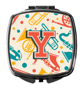 Monogram Letter Compact Mirror (Color: Retro Teal Orange Musical Instruments, size: 2.75 x 3)